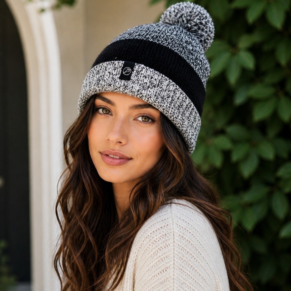 Ivivva by Lululemon Girls Black Grey Marl Knit Pom Pom Beanie Hat OS IU9343S